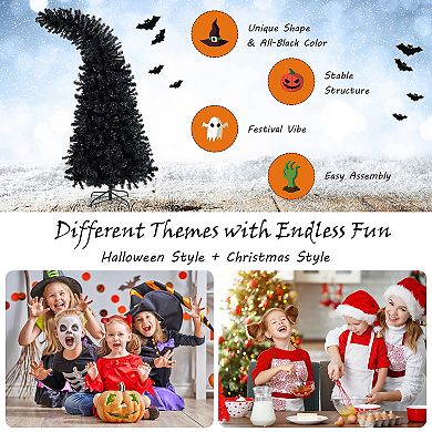 Costway 7FT Pre-Lit Black Halloween Tree 8 Flash Modes w/ 400 Purple & Orange Lights