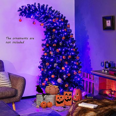 Costway 7FT Pre-Lit Black Halloween Tree 8 Flash Modes w/ 400 Purple & Orange Lights