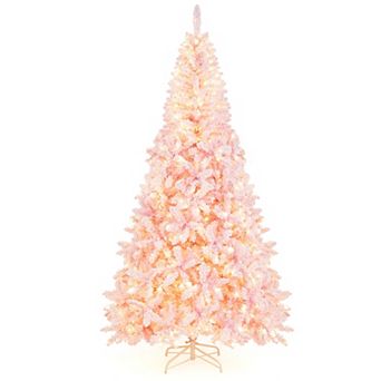 Costway 7.5FT Pre-Lit Snow Flocked Pink Christmas Tree 1100 Tips w/ 450 Lights & 8 Modes