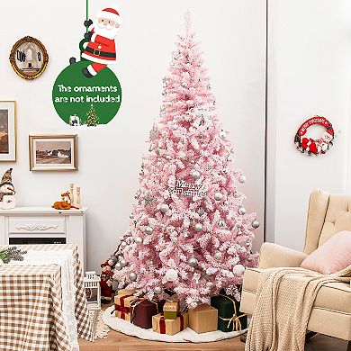 Costway 7.5FT Pre-Lit Snow Flocked Pink Christmas Tree 1100 Tips w/ 450 Lights & 8 Modes