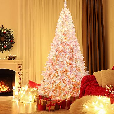 Costway 7.5FT Pre-Lit Snow Flocked Pink Christmas Tree 1100 Tips w/ 450 Lights & 8 Modes