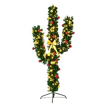 Costway 5/6/7Ft Pre-Lit Cactus Christmas Tree LED Lights Ball Ornaments