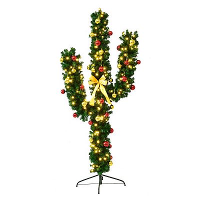 Costway - 5Ft Pre-Lit Cactus Christmas Tree LED Lights Ball Ornaments - Green