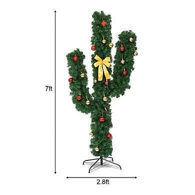 Costway 5/6/7Ft Pre-Lit Cactus Christmas Tree LED Lights Ball Ornaments