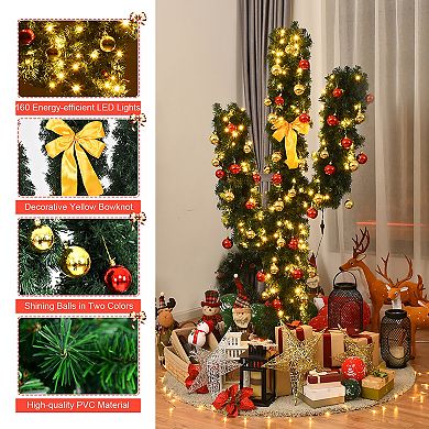 Costway 5/6/7Ft Pre-Lit Cactus Christmas Tree LED Lights Ball Ornaments
