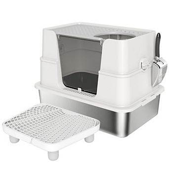 PawHut XL Stainless Steel Litter Box with 100° Flip Top, Scoop, Step
