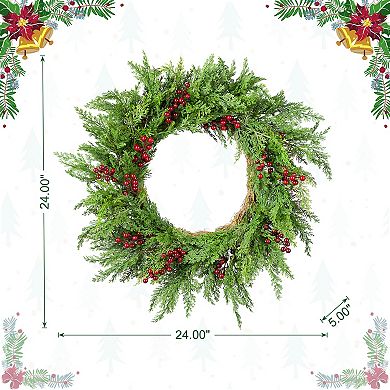 Glitzhome 24" D Christmas Wreath for Front Door, Real Touch Green Artificial Cedar Wreath
