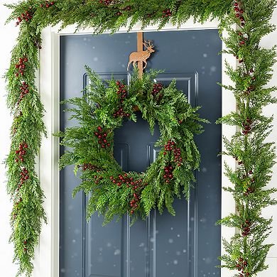 Glitzhome 24" D Christmas Wreath for Front Door, Real Touch Green Artificial Cedar Wreath