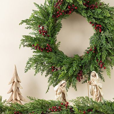 Glitzhome 24" D Christmas Wreath for Front Door, Real Touch Green Artificial Cedar Wreath