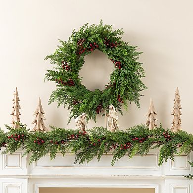 Glitzhome 24" D Christmas Wreath for Front Door, Real Touch Green Artificial Cedar Wreath