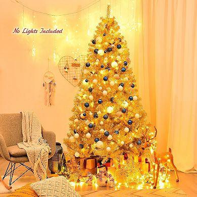 Costway 7.5Ft Hinged Unlit Artificial Tinsel Christmas Tree Holiday,Silver ,Gold