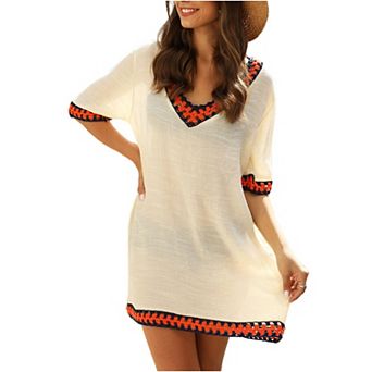 Women's Woven Beach Cover-Up Dress with Crochet Trim and Off-Shoulder Design
