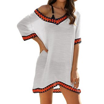 Women's Woven Beach Cover-Up Dress with Crochet Trim and Off-Shoulder Design