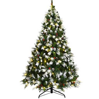 Costway 6ft\7.5ft\9ft Pre-lit Snowy Christmas Tree 818\1398\2058 Tips w/ Pine Cones & Red Berries