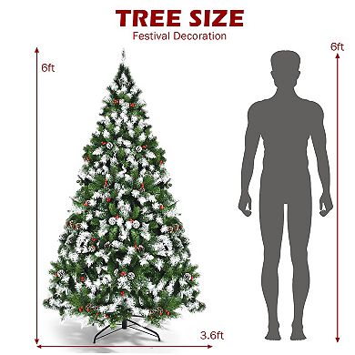 Costway 6ft\7.5ft\9ft Pre-lit Snowy Christmas Tree 818\1398\2058 Tips w/ Pine Cones & Red Berries