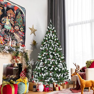 Costway 6ft\7.5ft\9ft Pre-lit Snowy Christmas Tree 818\1398\2058 Tips w/ Pine Cones & Red Berries