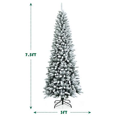 7.5ft Snow-Flocked Hinged Artificial Christmas Pencil Tree w/ 1189 Mixed Tips