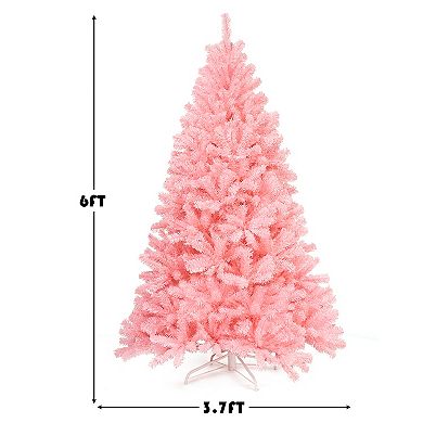 Costway 6Ft Hinged Artificial Christmas Tree Full Fir Tree New PVC w/ Metal Stand Pink