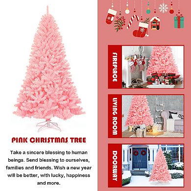 Costway 7.5Ft Hinged Artificial Christmas Tree Full Fir Tree New PVC w/ Metal Stand Pink