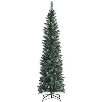 Costway 5ft/6ft/7ft Unlit Snowy PVC Artificial Slim Christmas Pencil Tree with Pine Cones