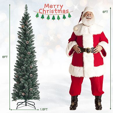 Costway 5ft/6ft/7ft Unlit Snowy PVC Artificial Slim Christmas Pencil Tree with Pine Cones