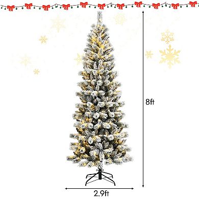 Costway 8FT Pre-Lit Hinged Christmas Tree Snow Flocked w/ 9 Modes Remote Control Lights