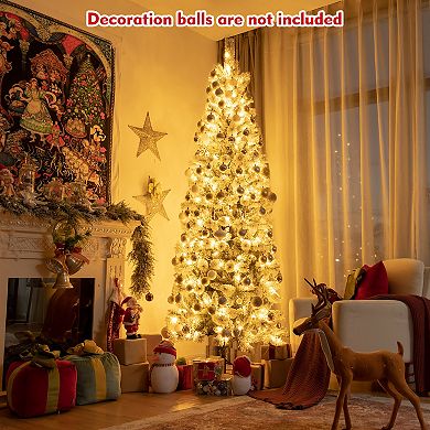 Costway 8FT Pre-Lit Hinged Christmas Tree Snow Flocked w/ 9 Modes Remote Control Lights