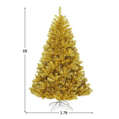 Costway 6ft Artificial Tinsel Christmas Tree Hinged w/1036 Tips Foldable Stand Champagne