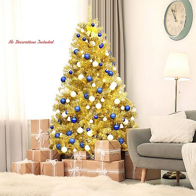 Costway 6ft Artificial Tinsel Christmas Tree Hinged w/1036 Tips Foldable Stand Champagne