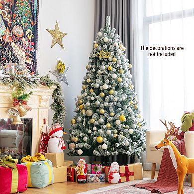 Costway 6ft Pre-lit Snow Flocked Hinged Christmas Tree w/ 928 Tips & Metal Stand