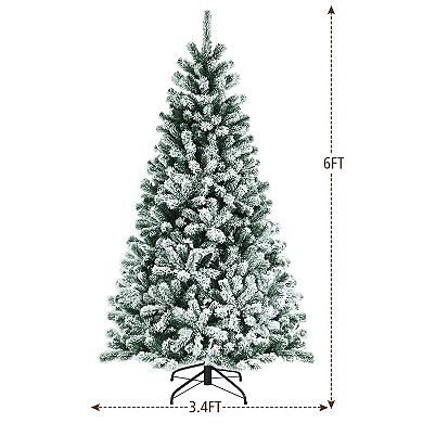 Costway 6ft Pre-lit Snow Flocked Hinged Christmas Tree w/ 928 Tips & Metal Stand