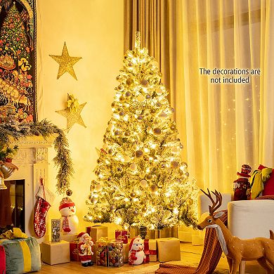 Costway 6ft Pre-lit Snow Flocked Hinged Christmas Tree w/ 928 Tips & Metal Stand