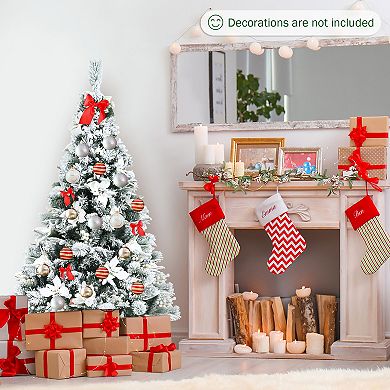 Costway 5ft/6ft/7ft/8ft Snow Flocked Hinged Christmas Tree w/ Berries & Poinsettia Flowers