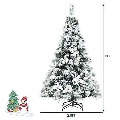 Costway 5ft/6ft/7ft/8ft Snow Flocked Hinged Christmas Tree w/ Berries & Poinsettia Flowers