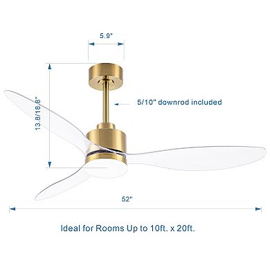 52-Inch ceiling fan, 3-color light, 3 ABS blades, DC motor, 5/10" downrods, 6-speed remote
