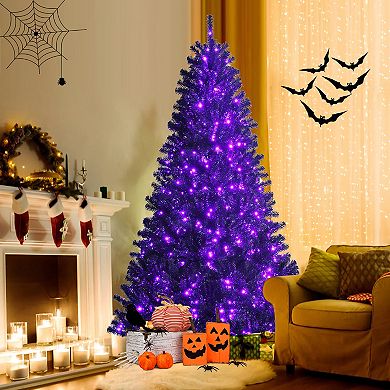 Costway 7ft Pre-lit PVC Christmas Tree Black w/ 500 Purple LED Lights