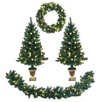 Costway 4 pc Pre-lit Christmas Decoration Set w/ Garland Wreath & Entrance Trees
