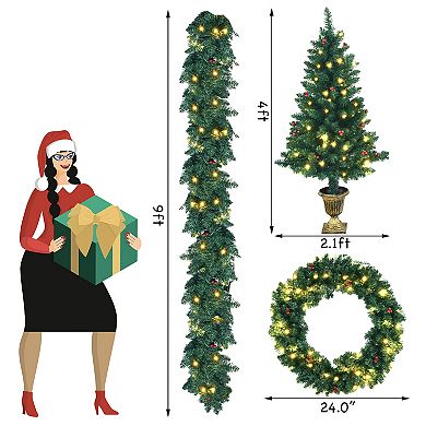 Costway 4pcs Pre-lit Christmas Decoration Set w/ Garland Wreath & Entrance Trees