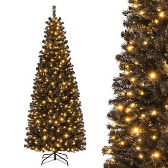 Costway 7ft Pre-lit PVC Christmas Halloween Pencil Tree Black with 350 LED Lights