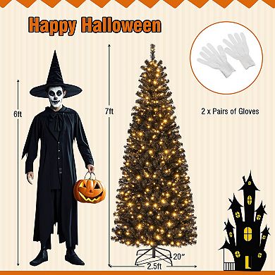 Costway 7ft Pre-lit PVC Christmas Halloween Pencil Tree Black with 350 LED Lights