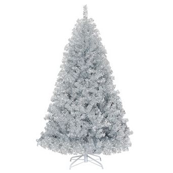Costway 6Ft Hinged Unlit Artificial Silver Tinsel Christmas Tree Holiday w/Metal Stand