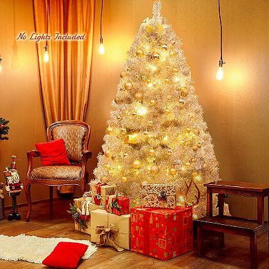 Costway 6Ft Hinged Unlit Artificial Silver Tinsel Christmas Tree Holiday w/Metal Stand