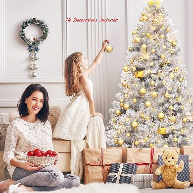 Costway 6Ft Hinged Unlit Artificial Silver Tinsel Christmas Tree Holiday w/Metal Stand