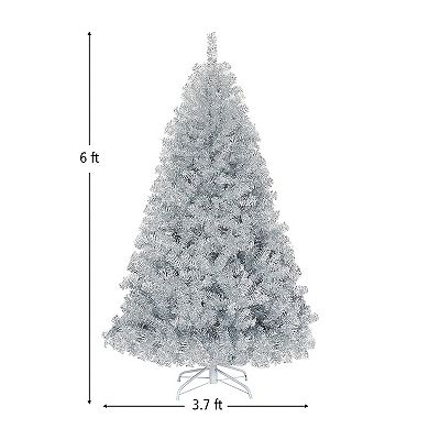 Costway 6Ft Hinged Unlit Artificial Silver Tinsel Christmas Tree Holiday w/Metal Stand