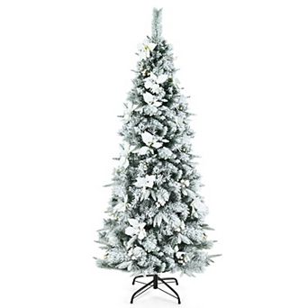 Costway 5ft/6ft/7ft/8ft Snow Flocked Christmas Pencil Tree w/ Berries & Poinsettia Flowers