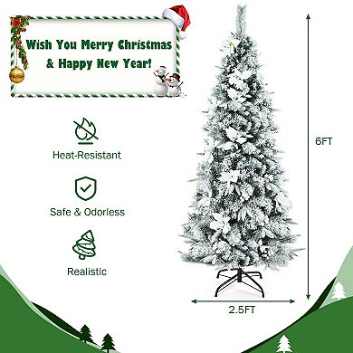 Costway 5ft/6ft/7ft/8ft Snow Flocked Christmas Pencil Tree w/ Berries & Poinsettia Flowers