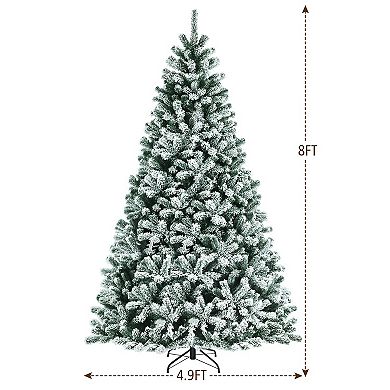 Costway 8ft Pre-lit Snow Flocked Hinged Christmas Tree w/1502 Tips & Metal Stand