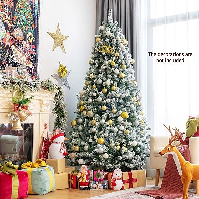 Costway 7ft Pre-lit Snow Flocked Hinged Christmas Tree w/1116 Tips & Metal Stand