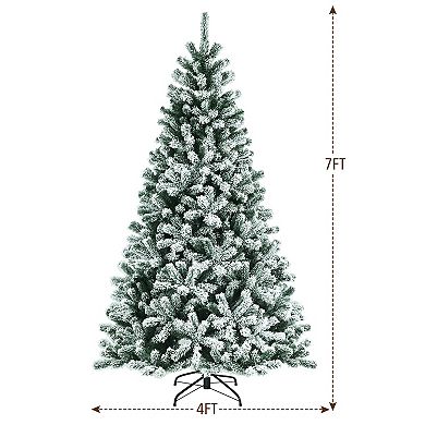 Costway 7ft Pre-lit Snow Flocked Hinged Christmas Tree w/1116 Tips & Metal Stand