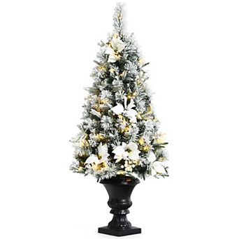 Costway 4ft Pre-lit Snowy Christmas Entrance Tree w/ White Berries & Flowers